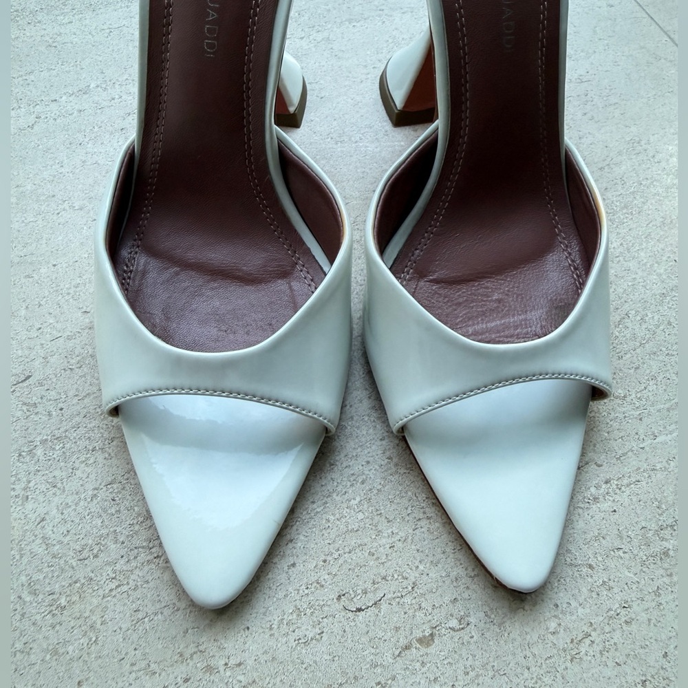 Amina Muaddi White Pointed Heel Patent Leather Mules Sandal Block Heels Wedding - Picture 5 of 12